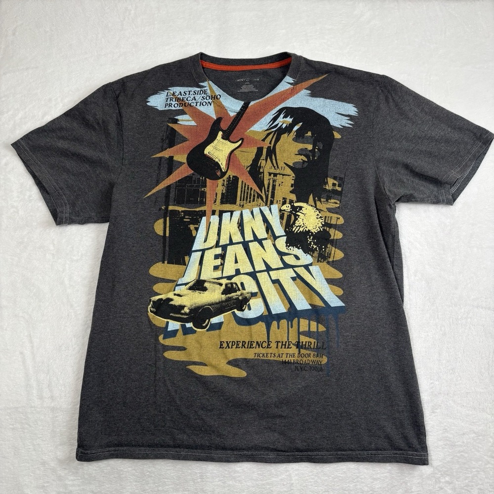 Y2K DKNY Jeans NY City Grey Short Sleeve Graphic Big Face Shirt Men's Large